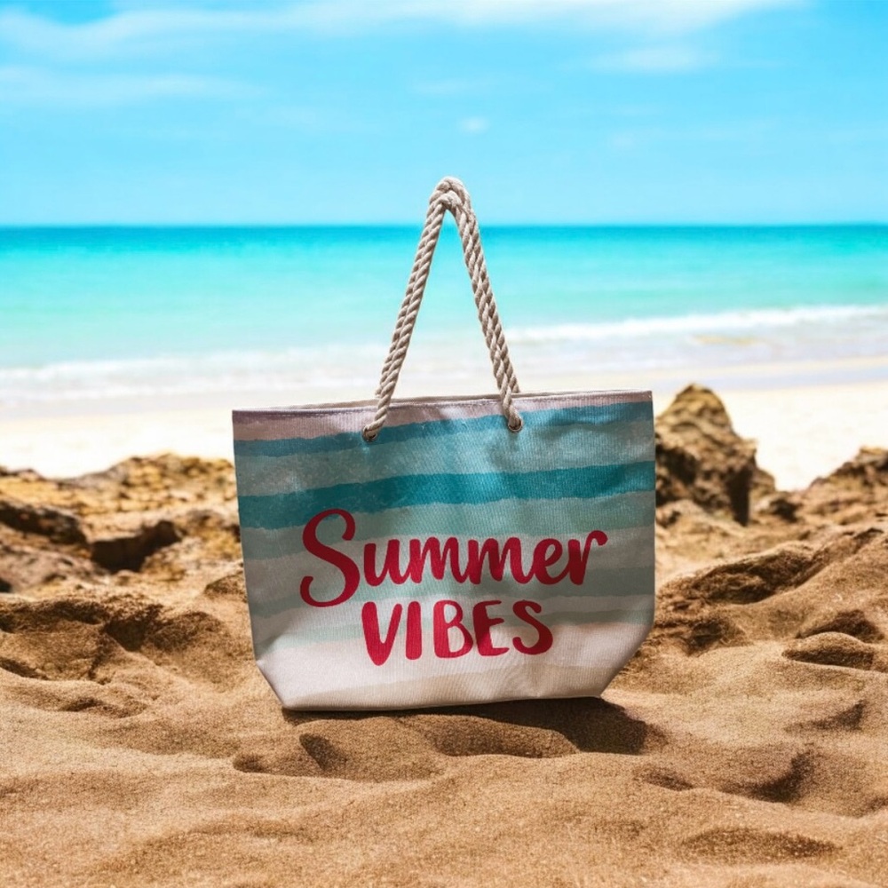 Blue and White Beach Tote Bag with Rope Handles